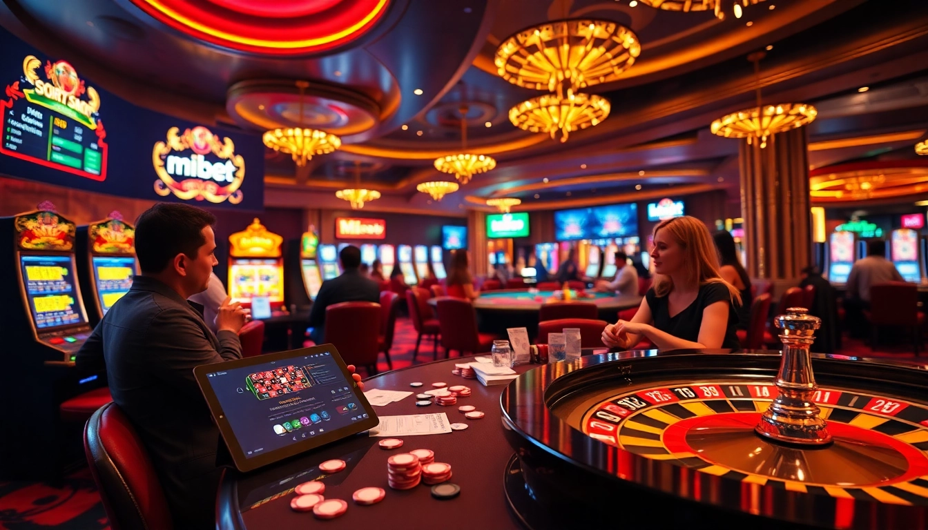 Engaging gamblers using the mi bet app in a vibrant casino setting full of excitement.