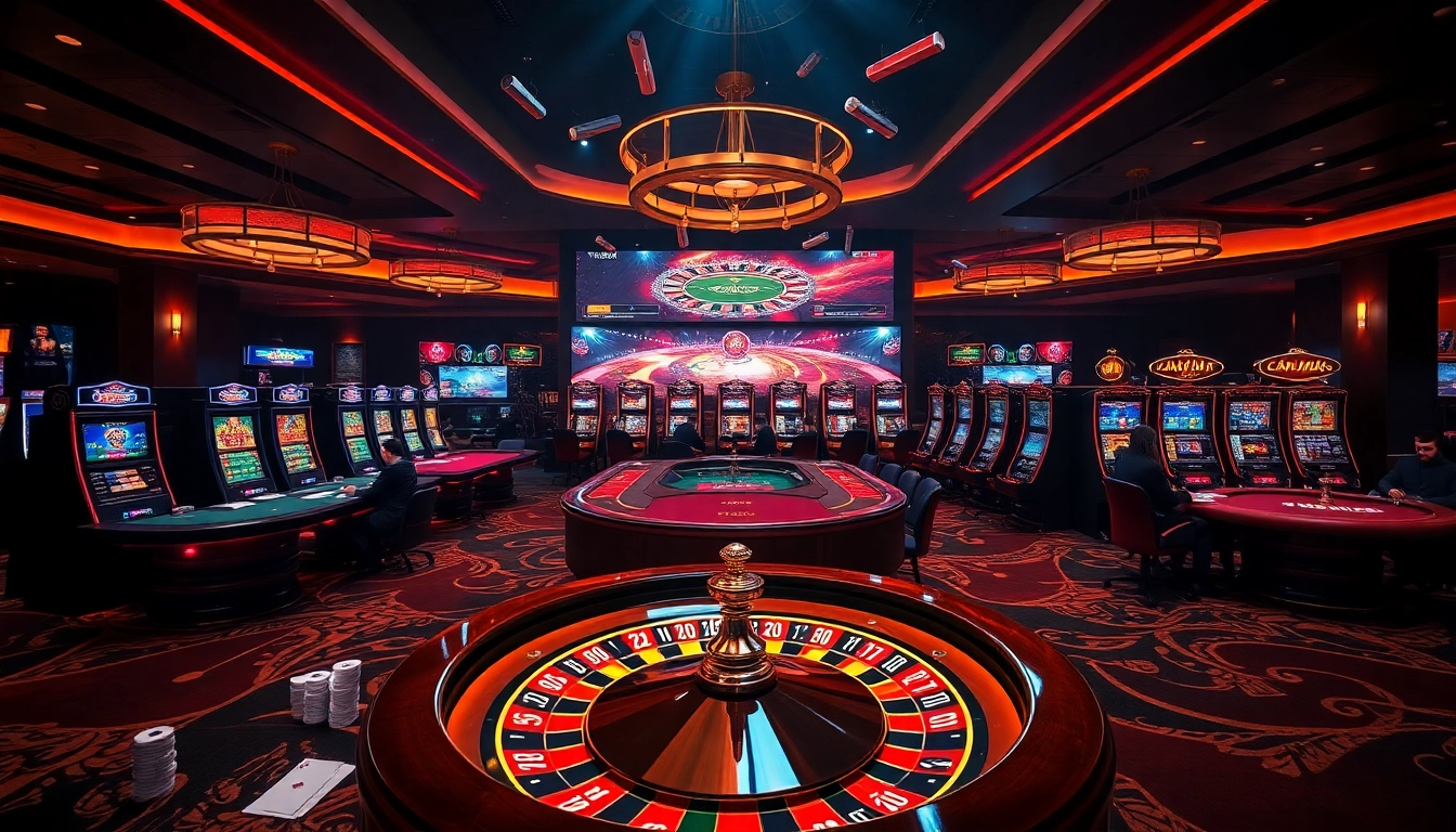 Exciting gambling scene featuring typhu88 poker tables, slot machines, and roulette wheels in a luxurious casino.