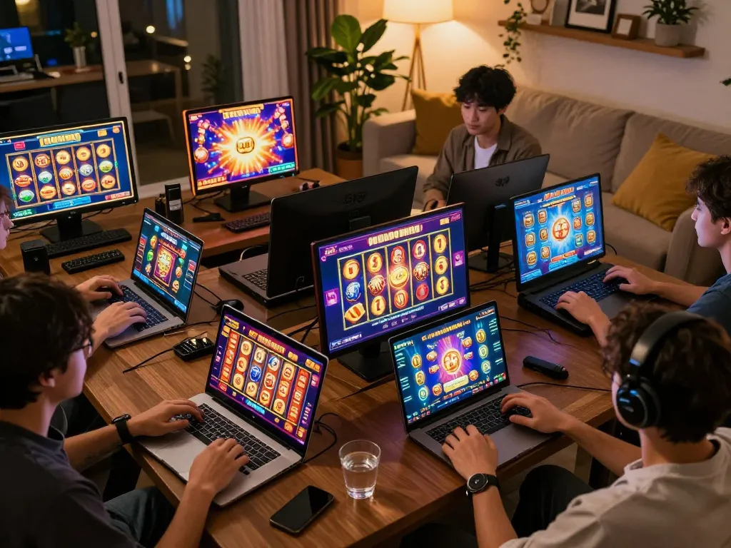 Pucuk138 players enjoying engaging online slots gameplay on laptops and tablets in a cozy home atmosphere.