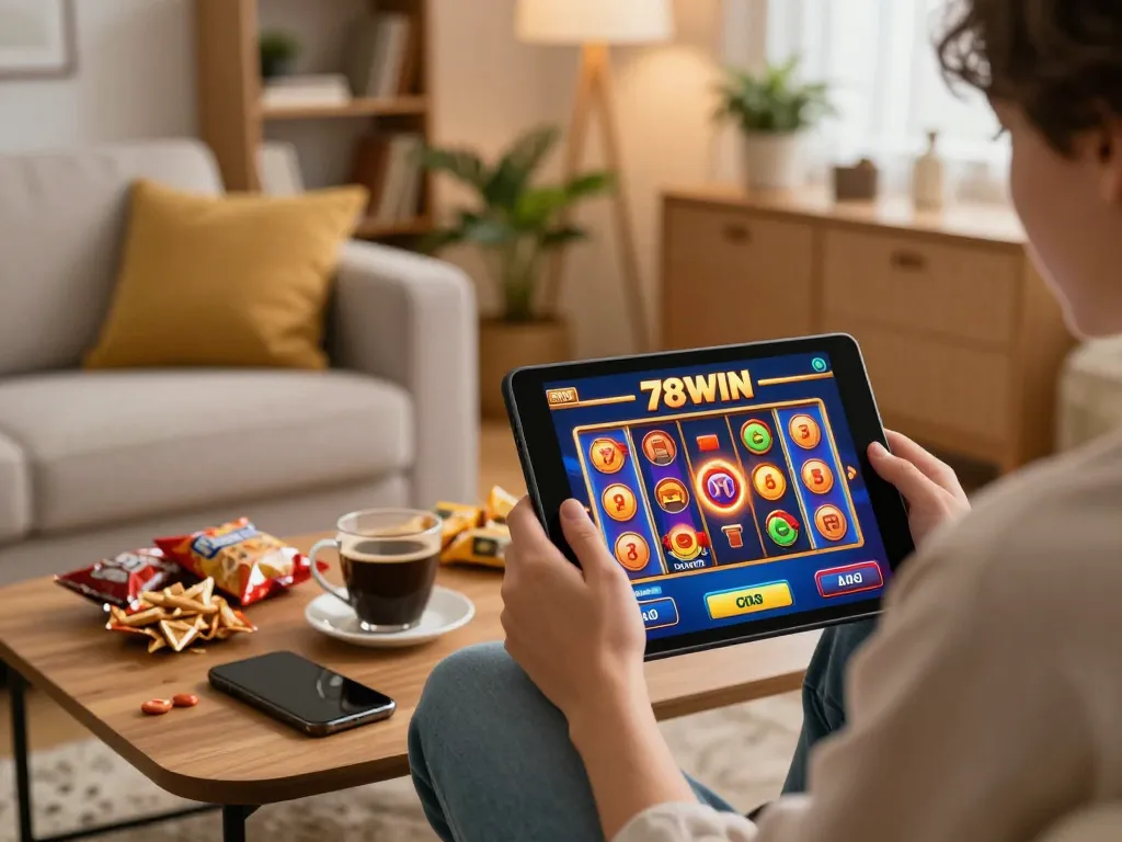 Engaging in thrilling 78WIN online slots on a tablet in a cozy living room