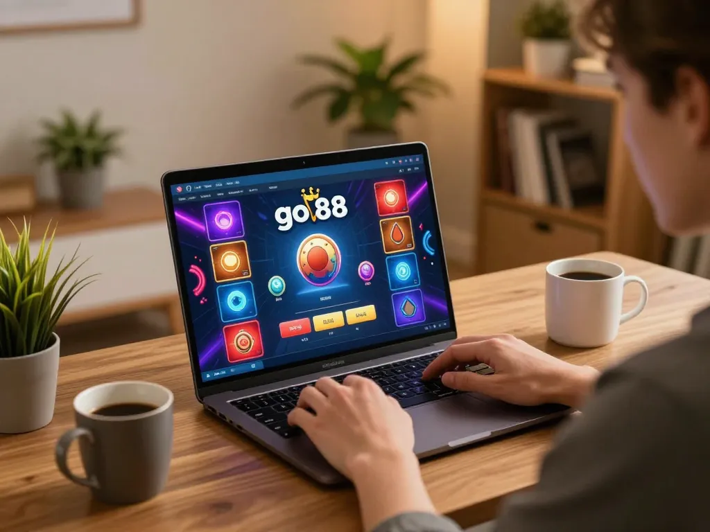 Enjoying go 88 casino gaming on a laptop at home with a cozy and vibrant setup