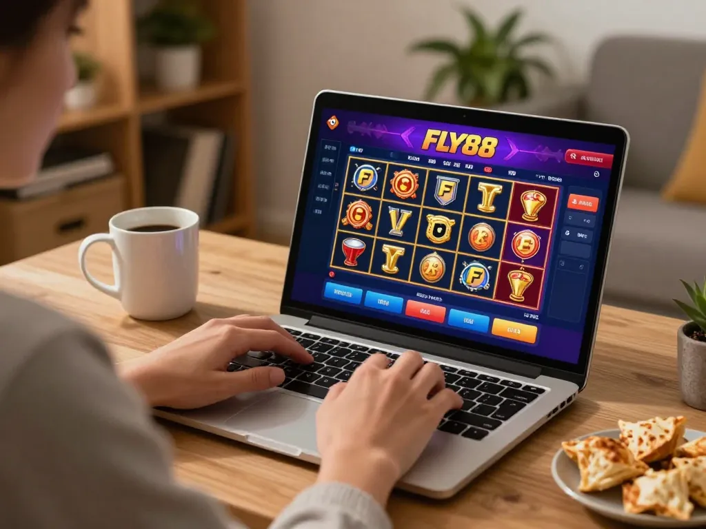 Engaging with FLY88 online casino platform, featuring vibrant games on a laptop.