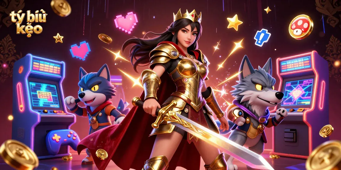 Engage with tỷ lệ kèo in a vibrant 3D casino illustration depicting a warrior queen and her wolf companion.