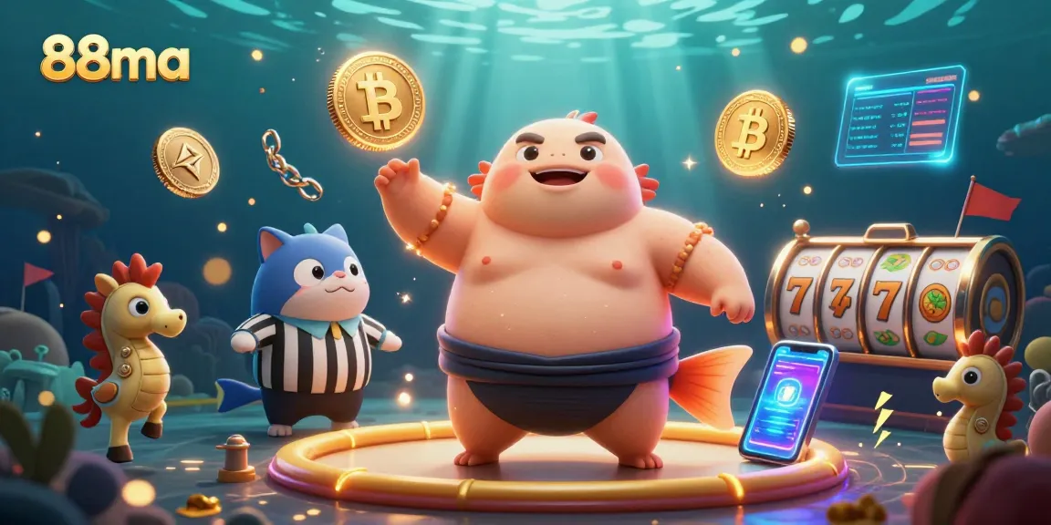 Engage in gaming action at 88ma with a vibrant 3D underwater casino illustration featuring slot reels and crypto coins.