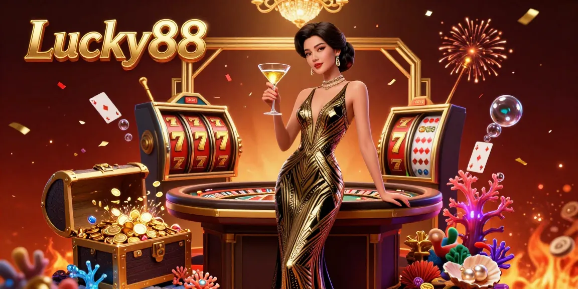 Spin jackpots with Lucky88 as elegant characters celebrate at a vibrant casino.