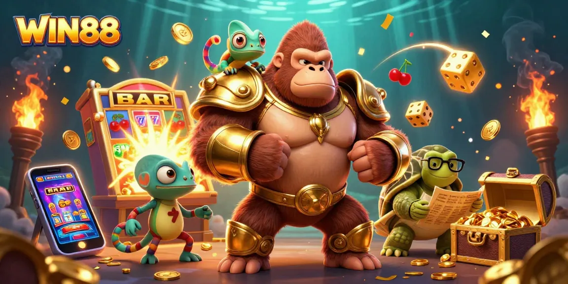 Engage in the exciting world of WIN88 with vibrant 3D characters and slot machine action.