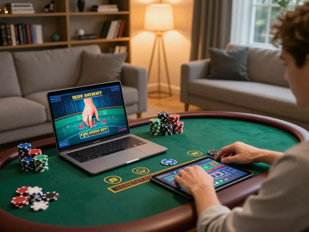 Engaged player enjoying online gaming at 888top in a cozy home setup with ambient lighting.