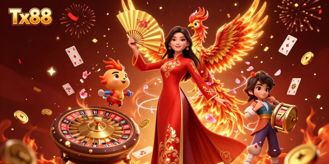 Win big at Tx88 with vibrant casino elements and a stunning illustration of fortune!