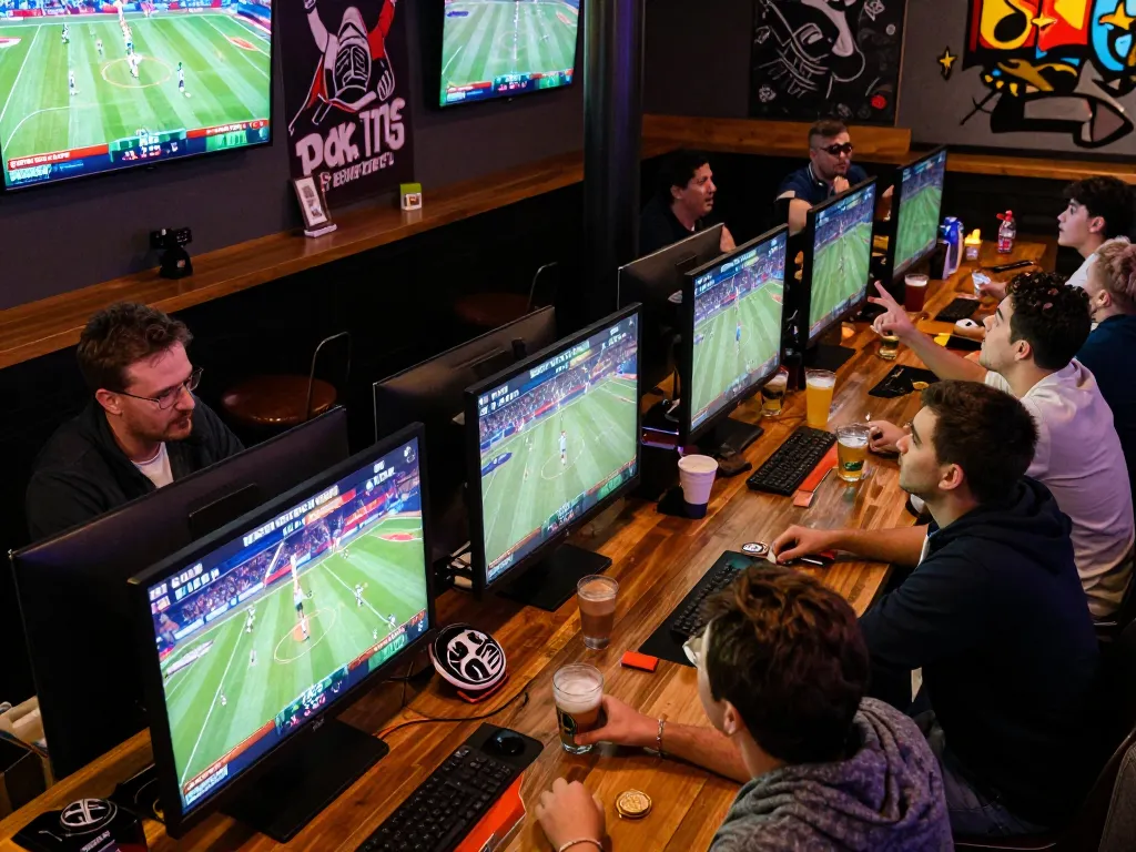 Players placing bets and cheering for teams at a lively sports bar, highlighting 79KING's dynamic betting atmosphere
