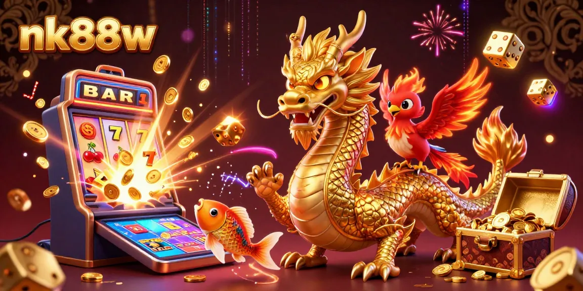 Experience exciting gaming at nk88w with a fierce dragon, phoenix, and koi surrounded by casino symbols.